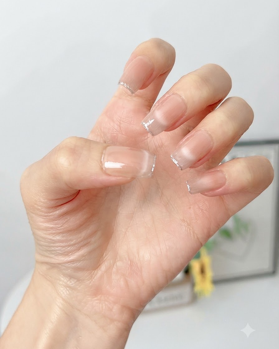 Ein Gelpinsel trägt einen klaren, glänzenden Top Coat über ein fertiges Ombré-Nageldesign auf.
