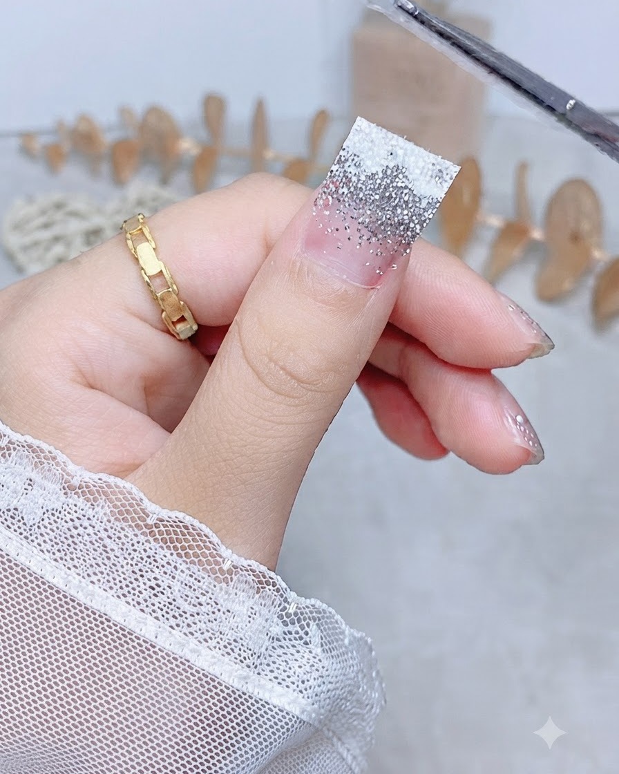 Nahaufnahme einer Hand, die die Seitenkante eines silbernen Glitzer-Nagelstickers andrückt, um ihn bündig auf dem Nagel zu fixieren.