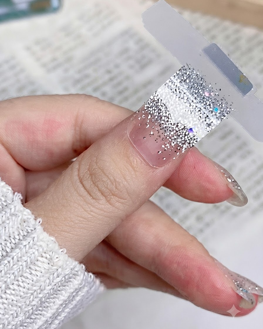 Eine Nahaufnahme eines flach und glatt auf einem Naturnagel platzierten Silber-Glitter-Nagelstickers.