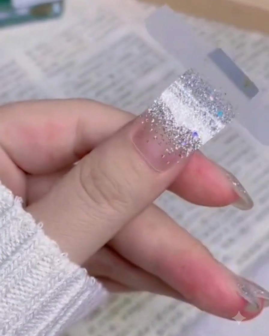 Ein Daumen zeigt überschüssigen Nagelsticker, der über die Nagelspitze nach unten gebogen ist.