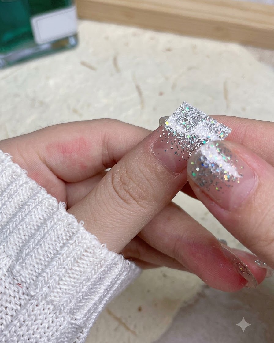 Ein Daumen, der fest auf einen silbernen Glitzer Nagelaufkleber drückt, um dessen Kanten zu sichern.