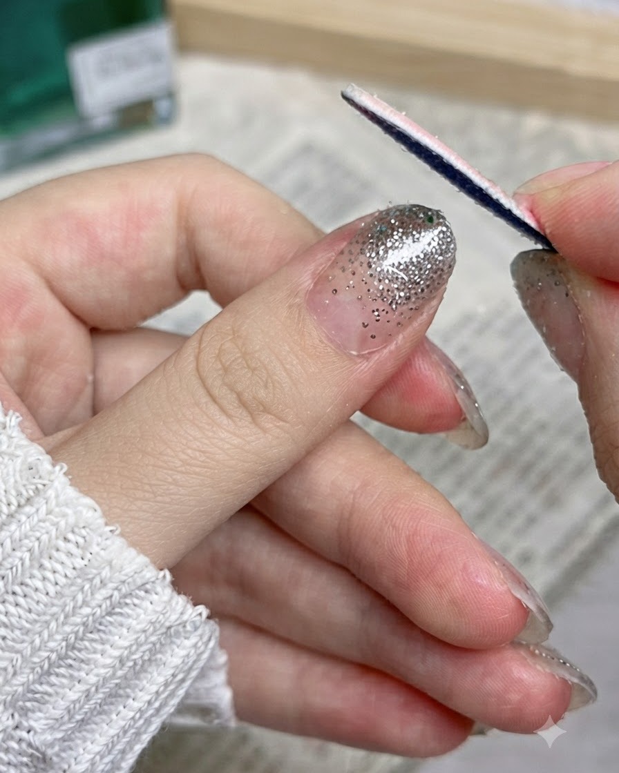 Nahaufnahme eines einzelnen fertigen Nagels mit einem funkelnden silbernen Glitzer Ombré-Design und sauberen Kanten.