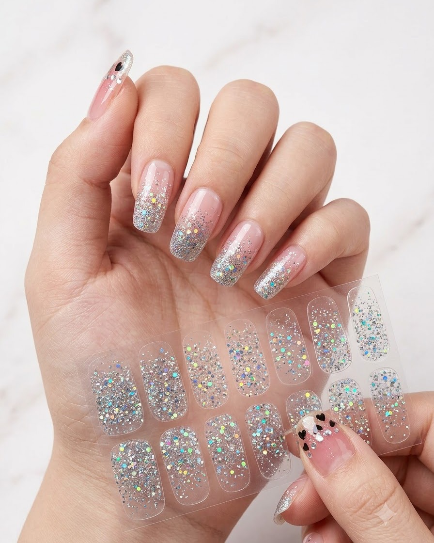 Eine Hand hält einen klaren Bogen Nagelsticker mit einem silbernen Glitzer-Gradient-Muster hoch.