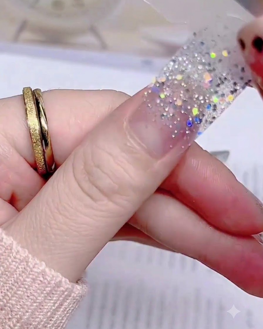 Ein Finger drückt die Mitte eines silbernen Glitzer-Nagelstickers flach auf das natürliche Nagelbett.