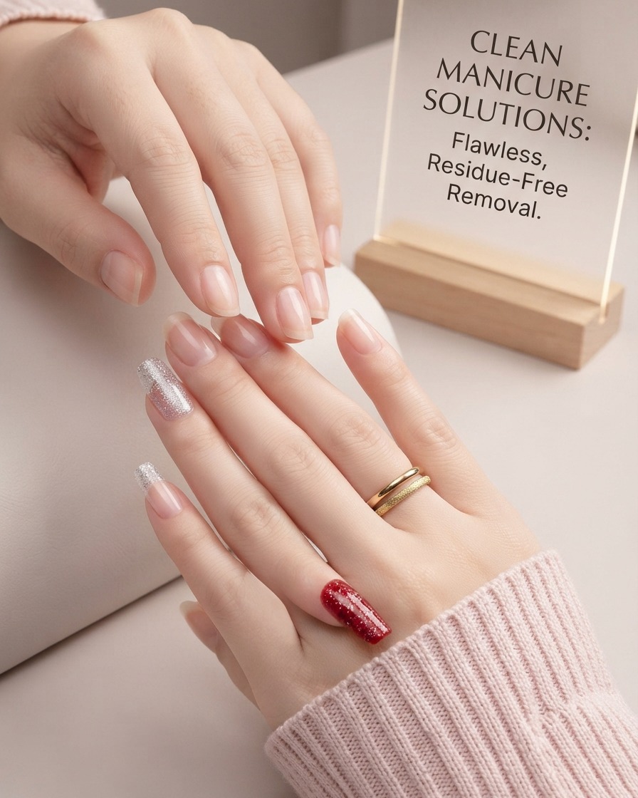 Eine Nahaufnahme eines Daumennagels mit einem gefalteten und fest über die Nagelspitze gekniffenen Glitter-Gradient-Sticker.