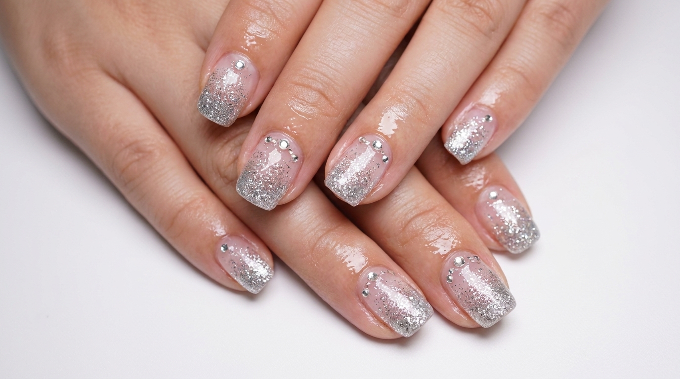 Silberner Glitzer-Verlauf mit Kristall-Verzierungen — Schritt-für-Schritt Nailart Tutorial