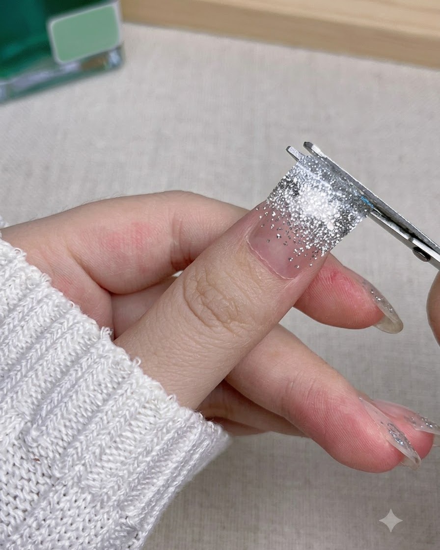 Nahaufnahme eines Silber-Glitter-Gradient Kunstnagels, der auf den Zeigefinger gedrückt wird.
