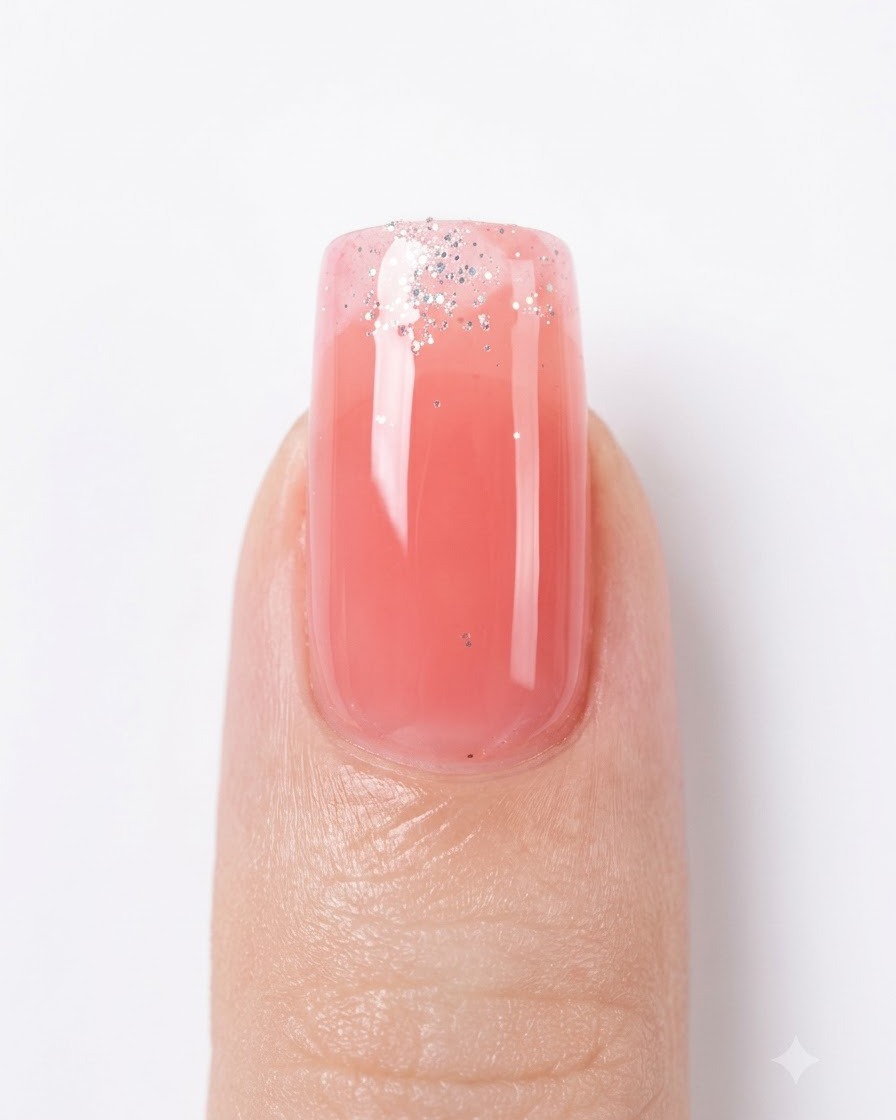 Ein feiner Nail-Art-Pinsel taucht in einen Behälter mit silbernem Glitter-Gel ein.