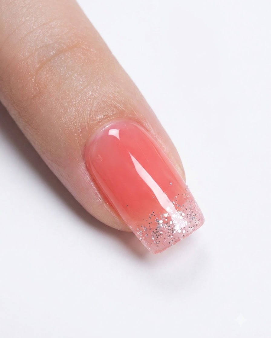 Eine Nahaufnahme eines Fingers, der eine zarte Silberglitter-Applikation erhält, die sich auf die Nagelspitze konzentriert.