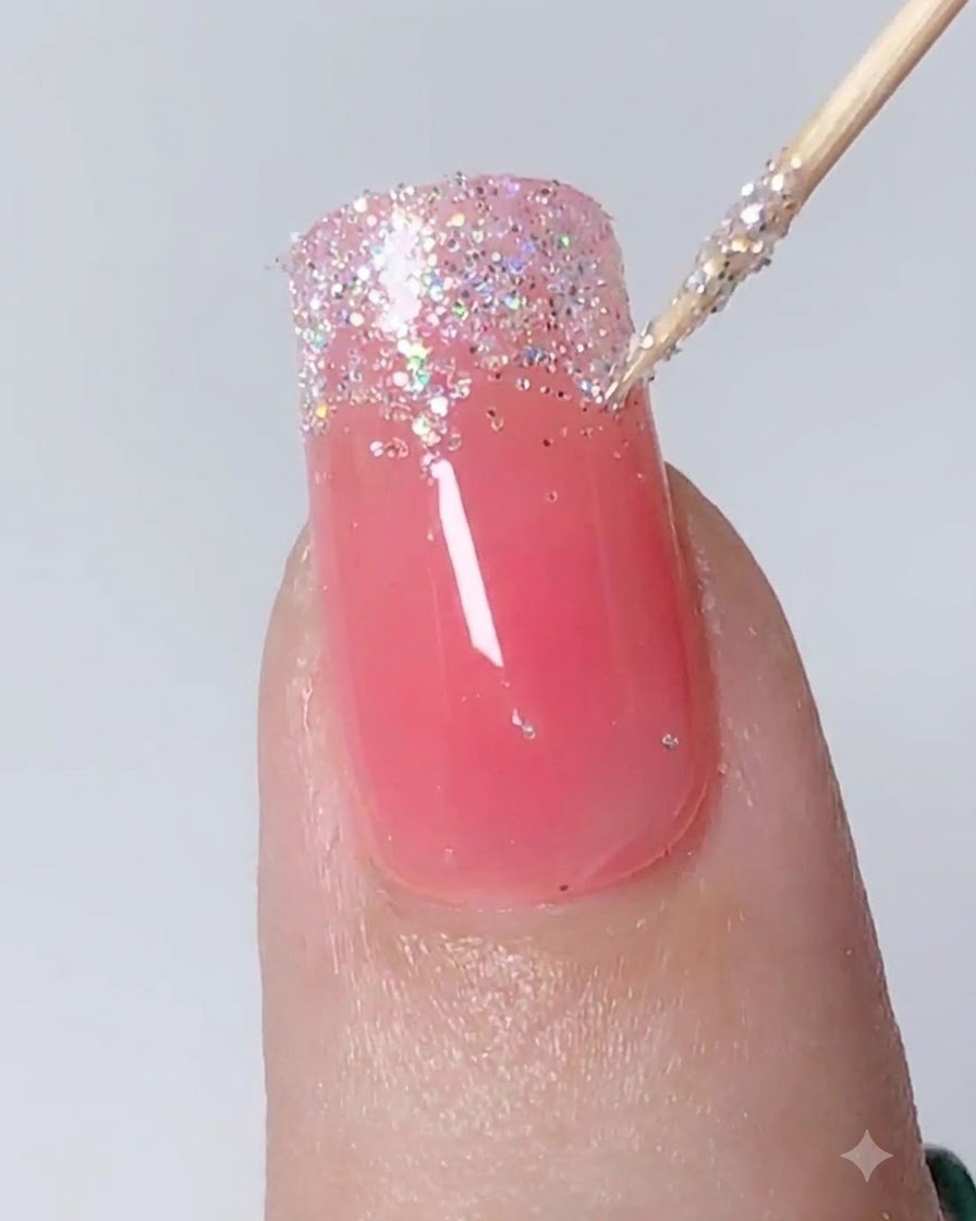 Ein Detailwerkzeug tupft und zieht silbernen Glitter nach unten, um einen Ombré-Verlauf auf einem Nagel zu erzeugen.