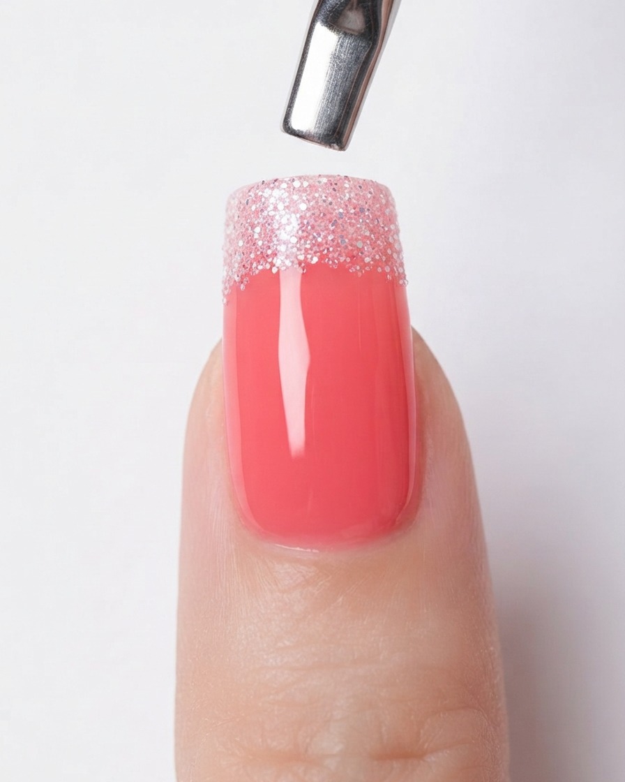 Eine Nahaufnahme, die den oberen Übergangsbereich eines silbernen Glitter-Verlaufsnagels verfeinert.