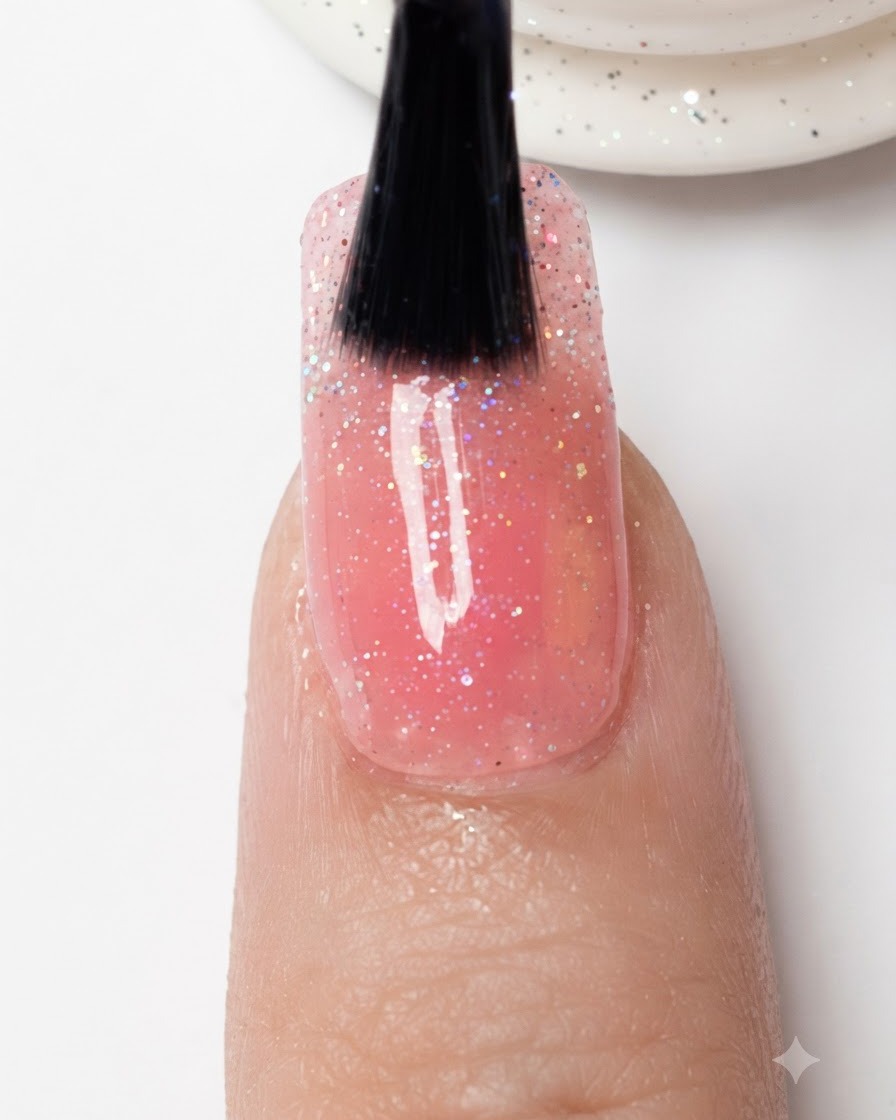 Ein Pinsel trägt eine Schicht Klarlack über die gesamte Oberfläche eines Glitter-Verlaufsnagels auf.