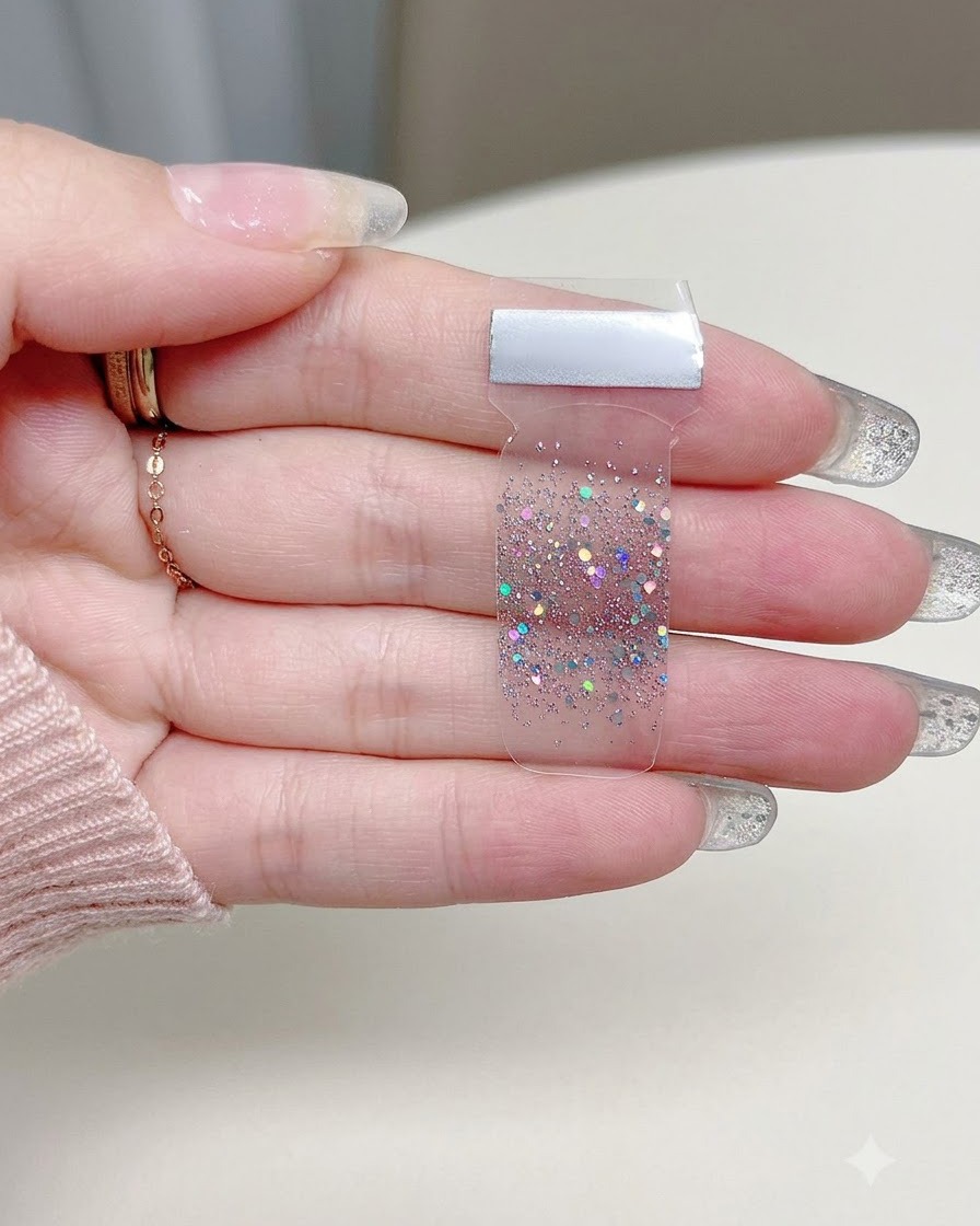 Eine Nahaufnahme einer Hand, die einen transparenten Bogen mit Silberglitter-Gradient-Nagelstickern vor einem neutralen Hintergrund hält.