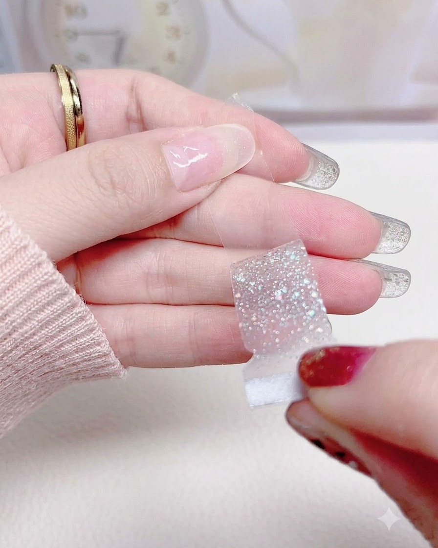 Eine Hand, die vorsichtig einen Silberglitter-Nagelsticker von der klaren Plastikträgerfolie abzieht.