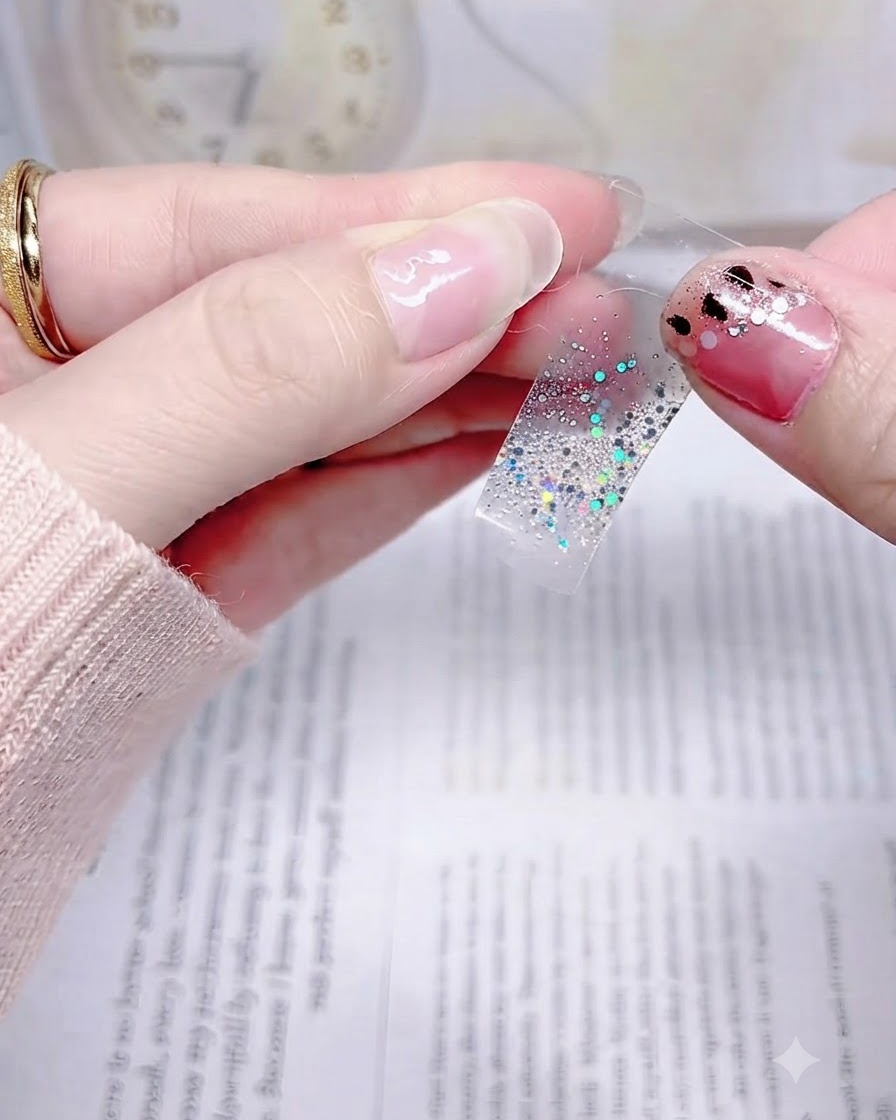 Eine Hand hält einen Silberglitter-Sticker, der präzise knapp über der Nagelhaut eines natürlichen Fingernagels positioniert ist.