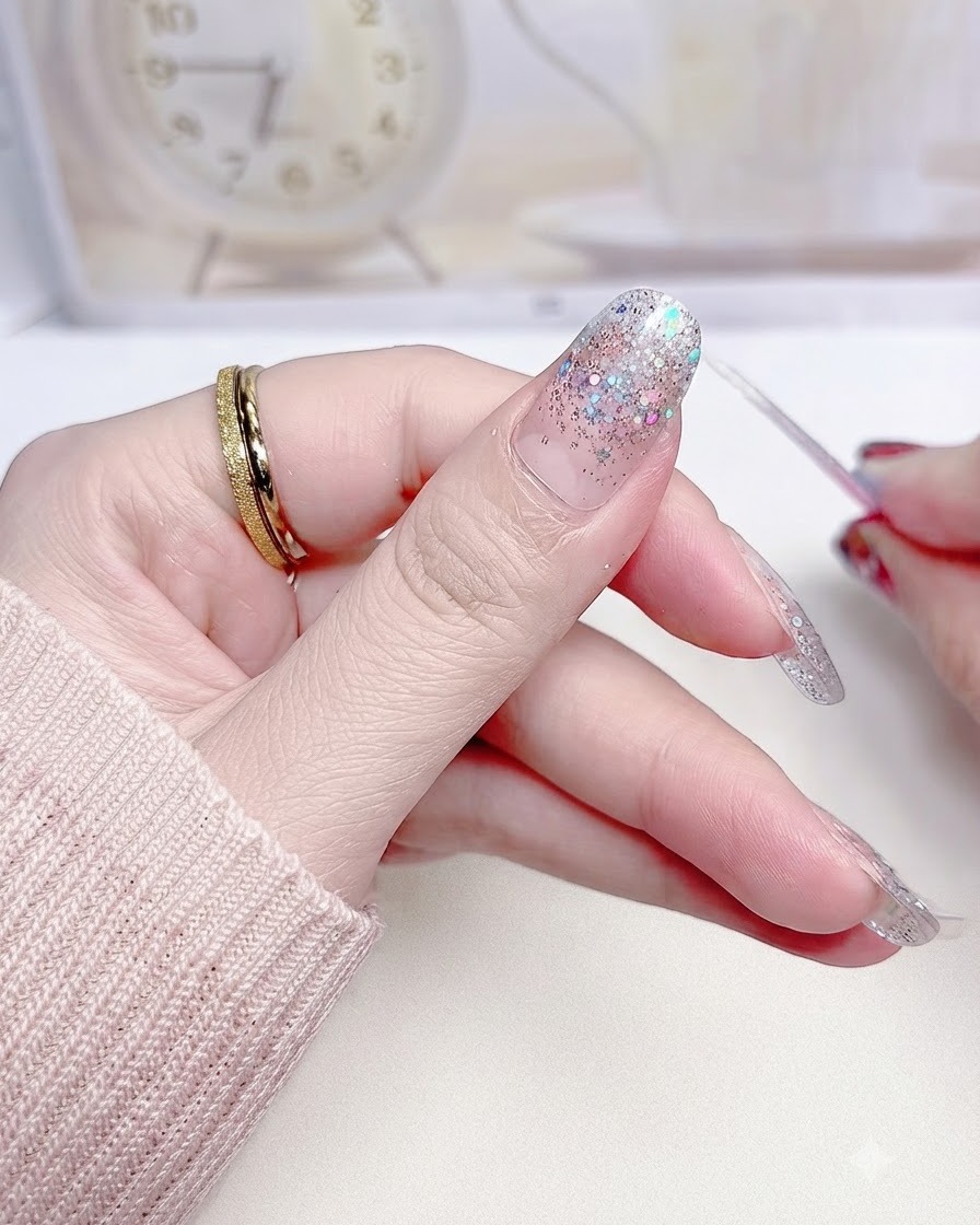 Eine Nahaufnahme beim Feilen und Anpassen der Ränder eines Silberglitter-Gradient-Nagelstickers an der Seitenwand.