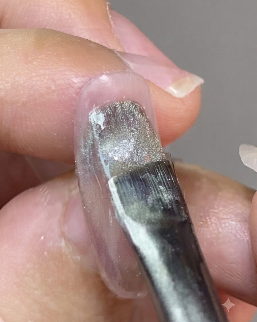 Ein Pinsel trägt schimmernden Cat-Eye-Magnetlack auf eine Nageloberfläche auf.