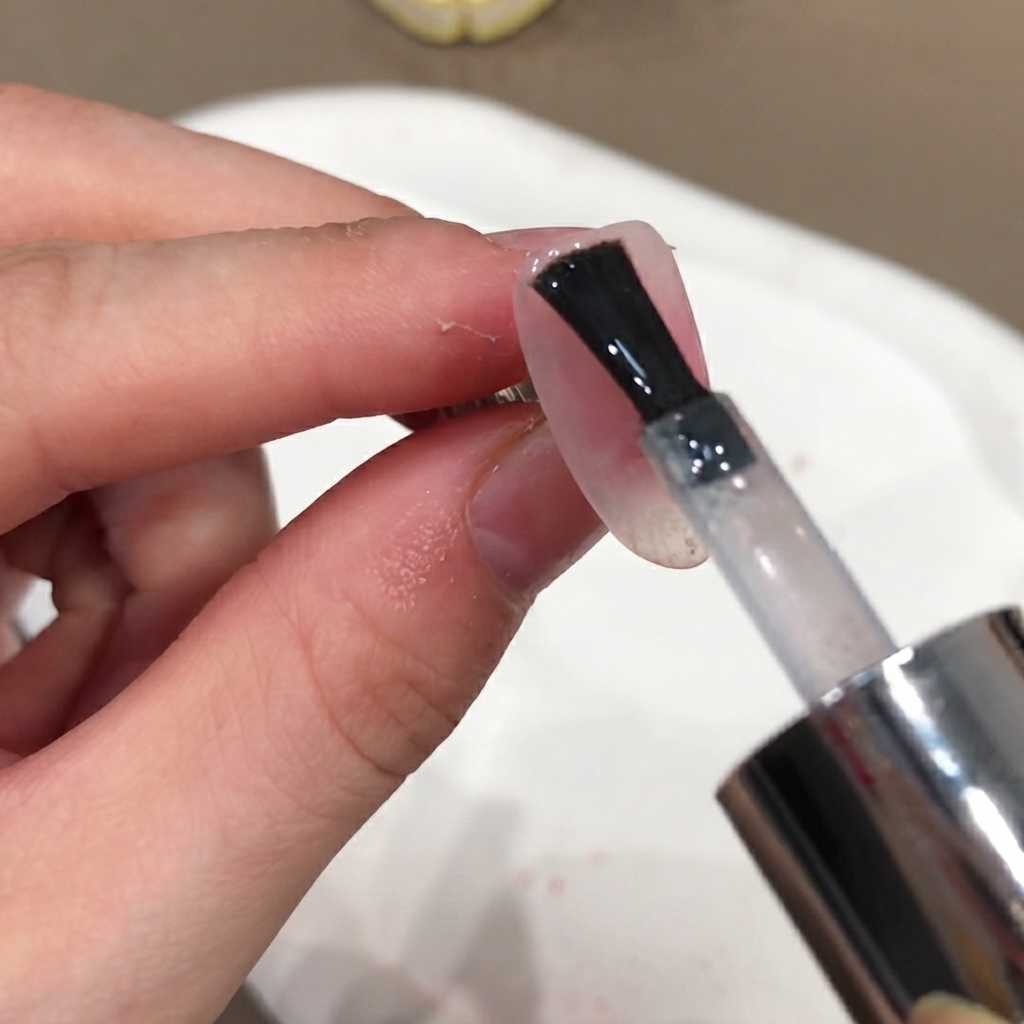 Ein Nagelackpinsel trägt einen klaren Topcoat ohne Schwitzschicht auf die Oberfläche eines manikürten Nagels auf.