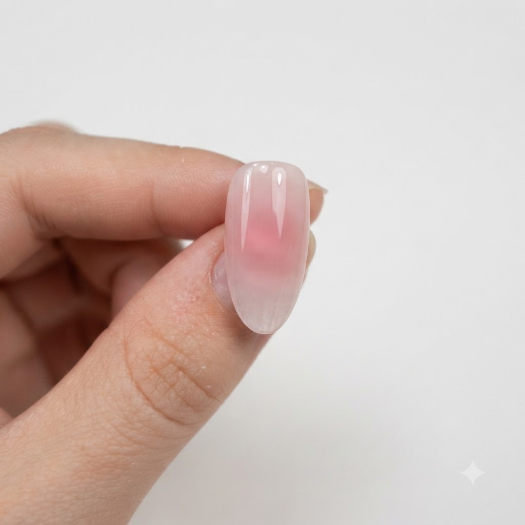Eine Nahaufnahme eines nude-rosa Nagels mit einem dezenten rosa Farbverlauf unter glänzendem Topcoat.