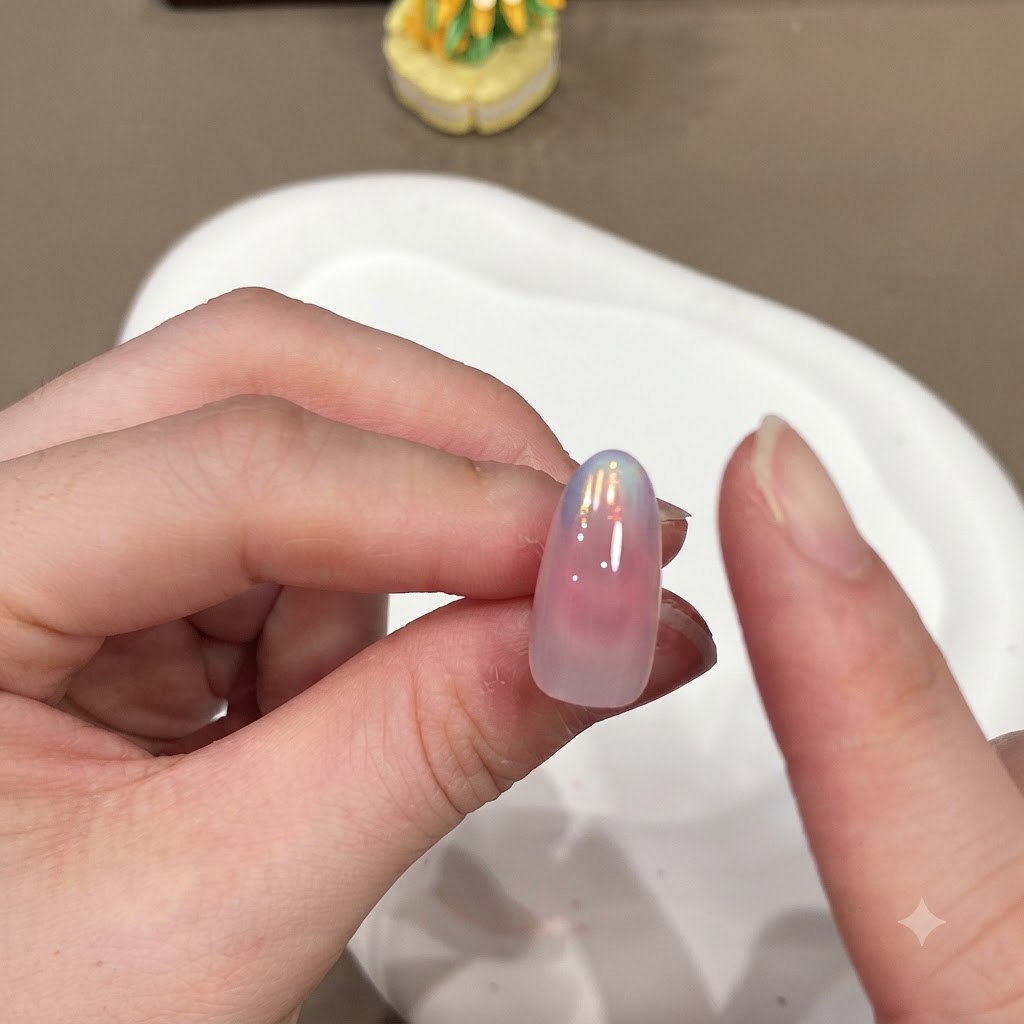 Ein Finger wischt überschüssiges Aurora-Pulver von den Rändern eines glänzenden Gradienten-Nagels ab.