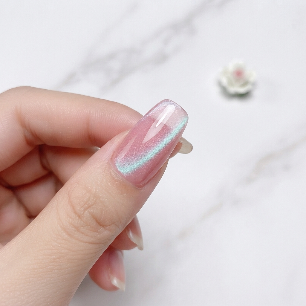 Eine Nahaufnahme eines manikürten Fingers mit einem auf die Basis aufgetragenen klaren Glas-Cat-Eye-Gel.
