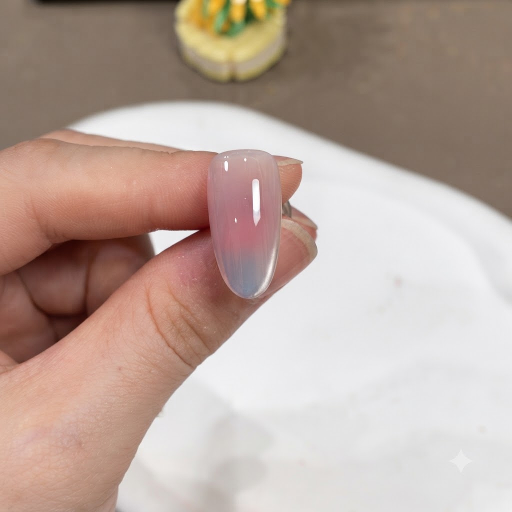 Ein fertiger manikürter Nagel mit einer glänzenden Topcoat-Schicht, bereit für das Endaushärten.
