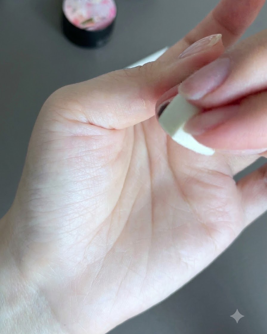 Ein Finger mit einem schwarzen Gradienten-Nagel und Schutzband um den Nagelhautbereich.