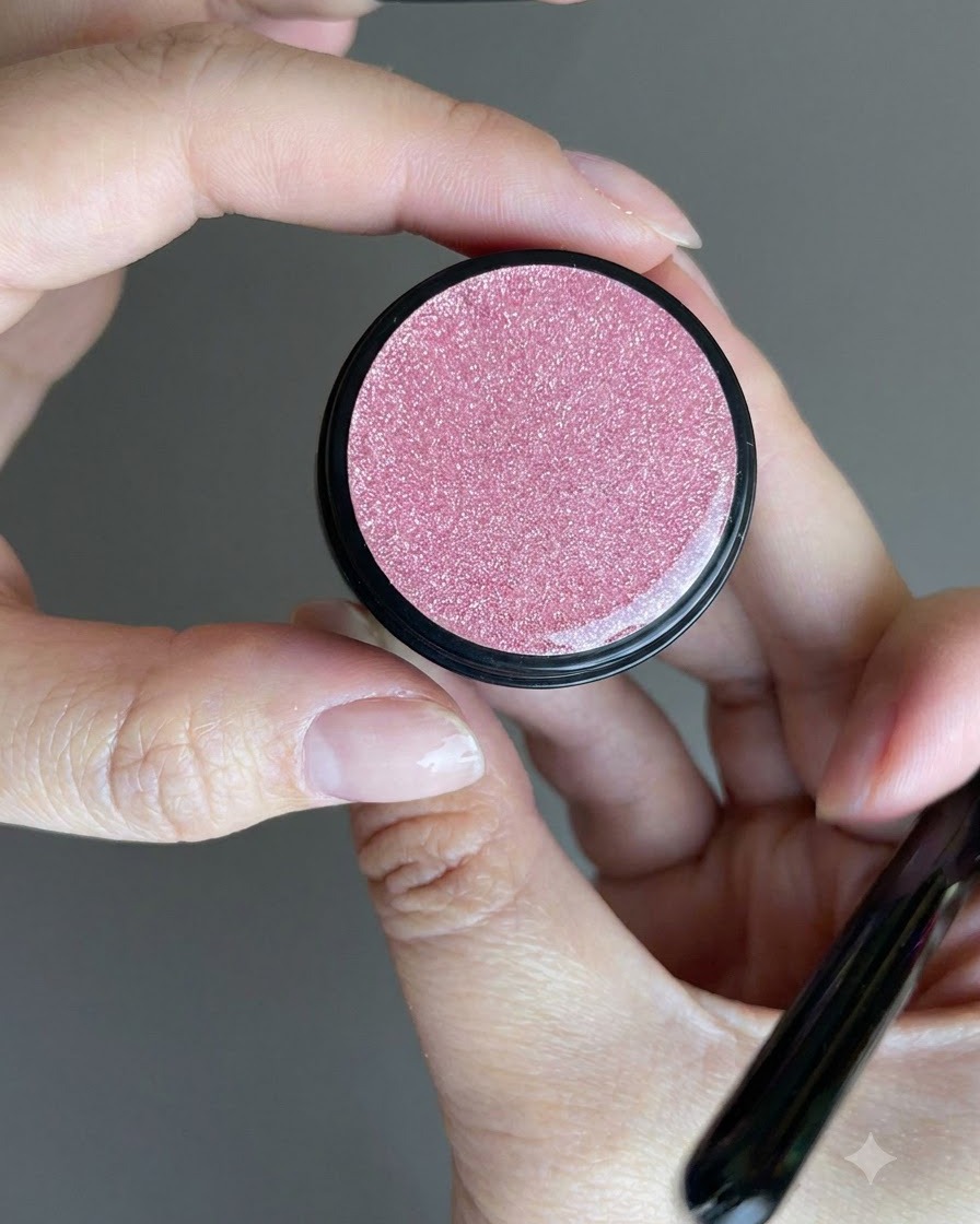 Ein Behälter mit rosa glitzerndem Cat-Eye-Gel-Lack wird in den Händen geöffnet gehalten.