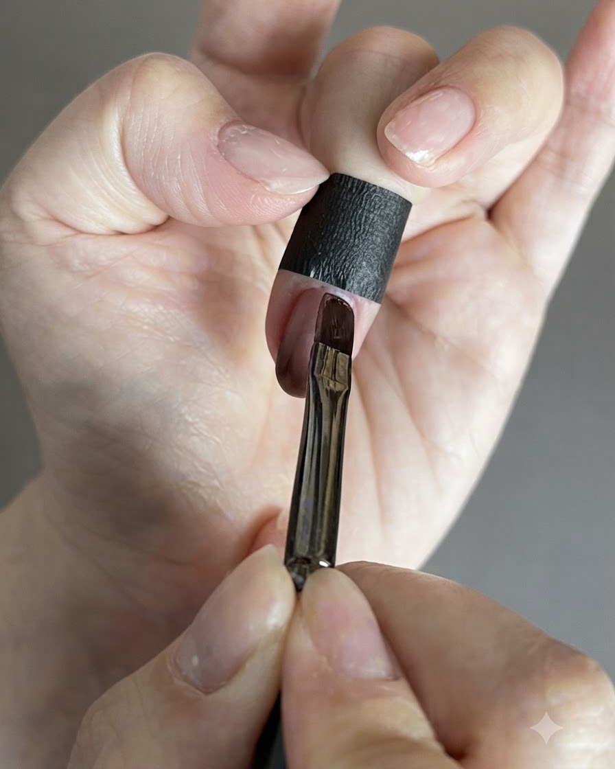 Ein Nail-Art-Pinsel trägt rosa Cat-Eye-Gel-Lack auf einen Nagel mit Farbverlauf auf.