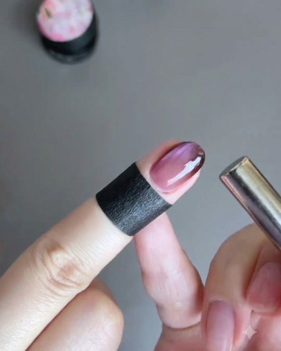 Nahaufnahme eines Fingers mit feuchtem rosa Cat-Eye-Gel-Lack, der von einem zylindrischen Magneten parallel zur Nagel Kante bearbeitet wird.