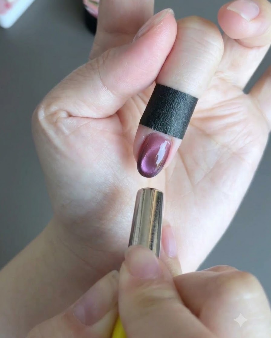 Ein Magnet zeigt auf die Spitze eines lackierten Nagels und wirbelt das rosa Cat-Eye-Gel so, dass eine runde, leuchtende Glaskugel-Reflektion entsteht.