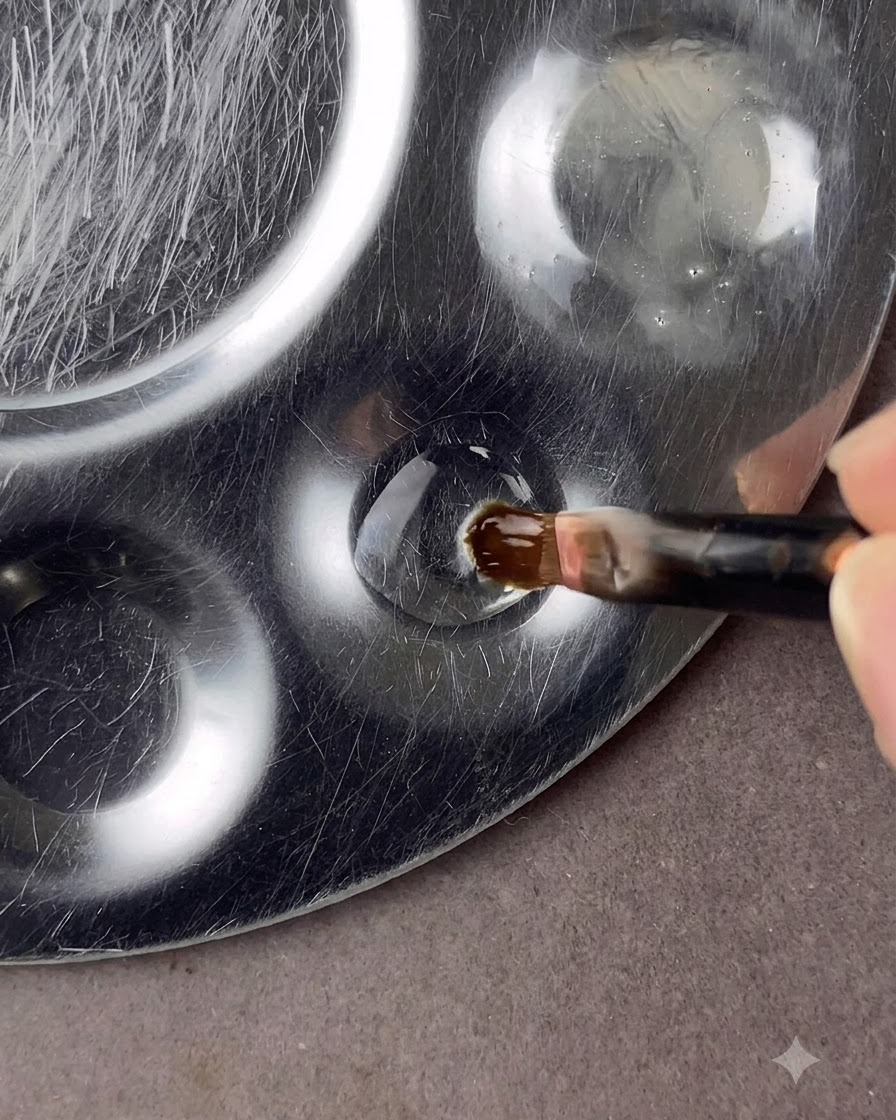 Ein runder Nail-Art-Pinsel taucht in einen Tropfen klaren Base-Gels auf einer Metallpalette ein.