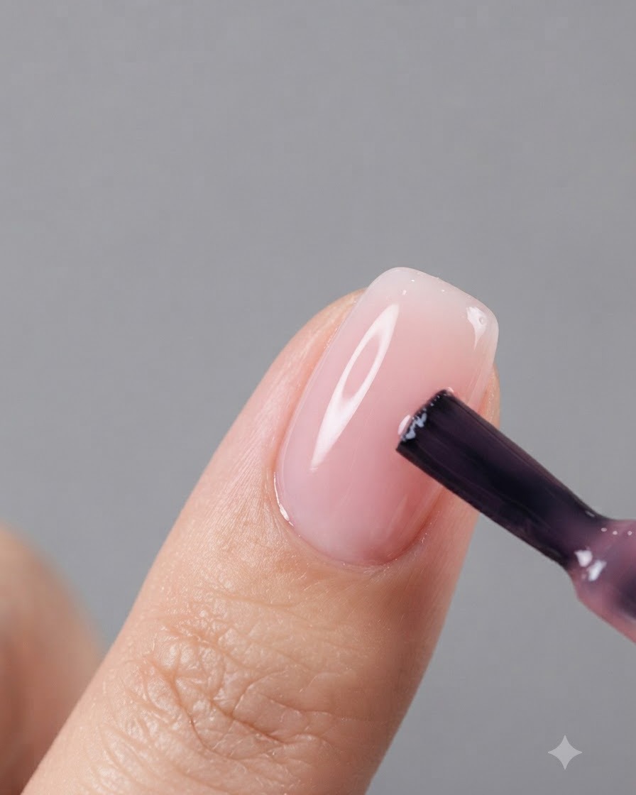 Ein Pinsel trägt einen kleinen Punkt Rosagel auf die Nagelmitte auf.