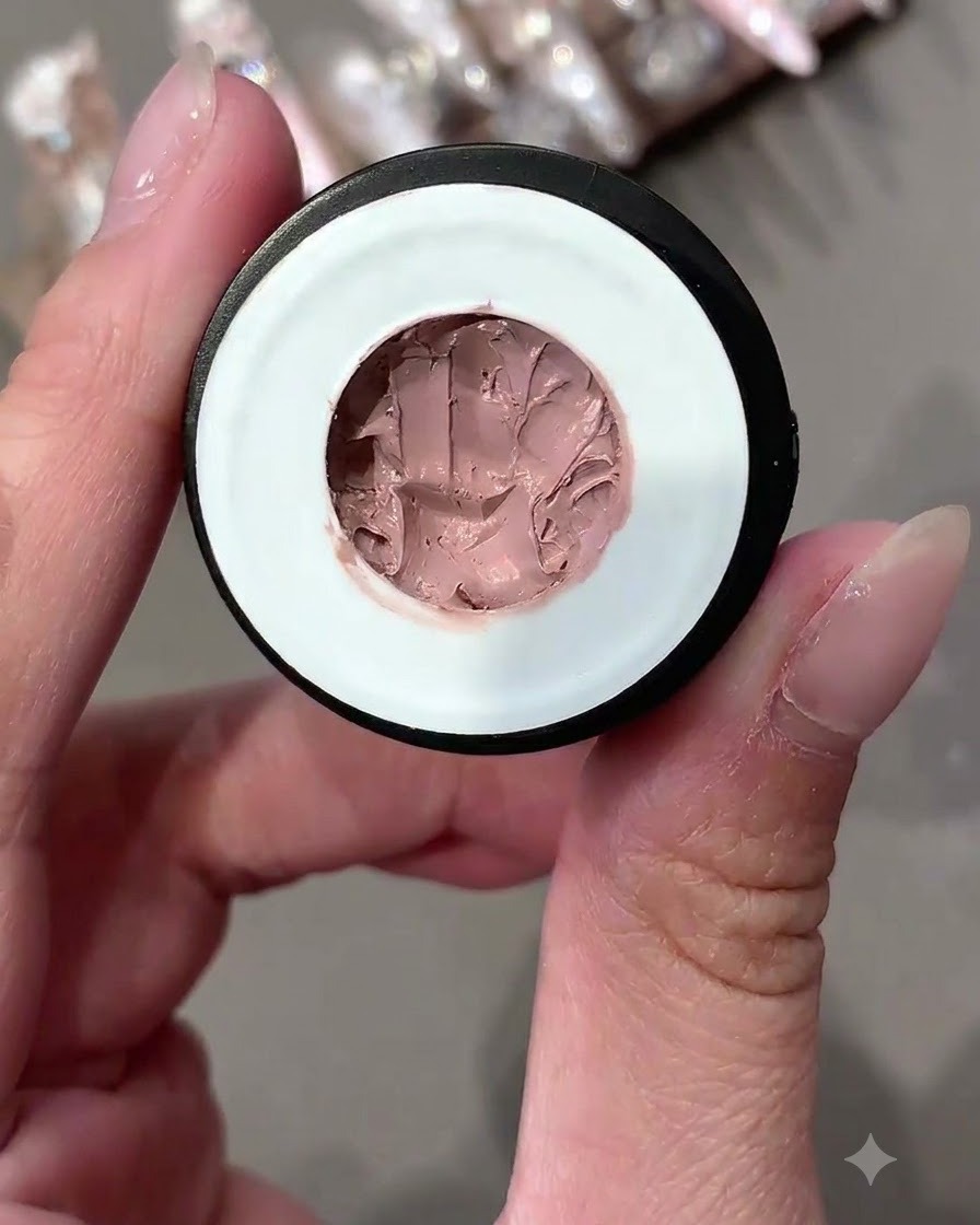 Ein offener Behälter mit rosa getöntem festem Pudding-Gel in Nahaufnahme.