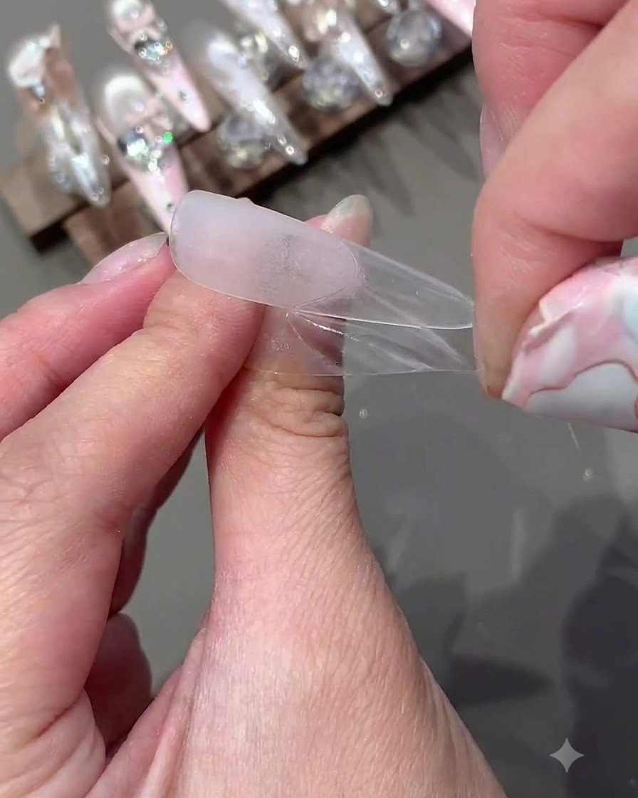 Finger ziehen vorsichtig einen gebogenen Hilfsaufkleber von einer klaren künstlichen Nagelspitze ab.