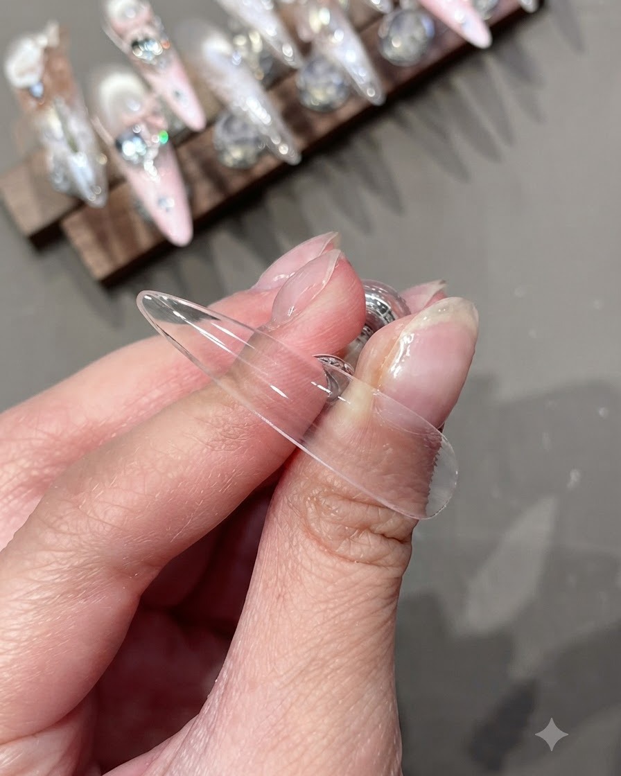 Eine klare künstliche Nagelspitze zeigt eine glatte Beschichtung aus weichem Base-Gel.