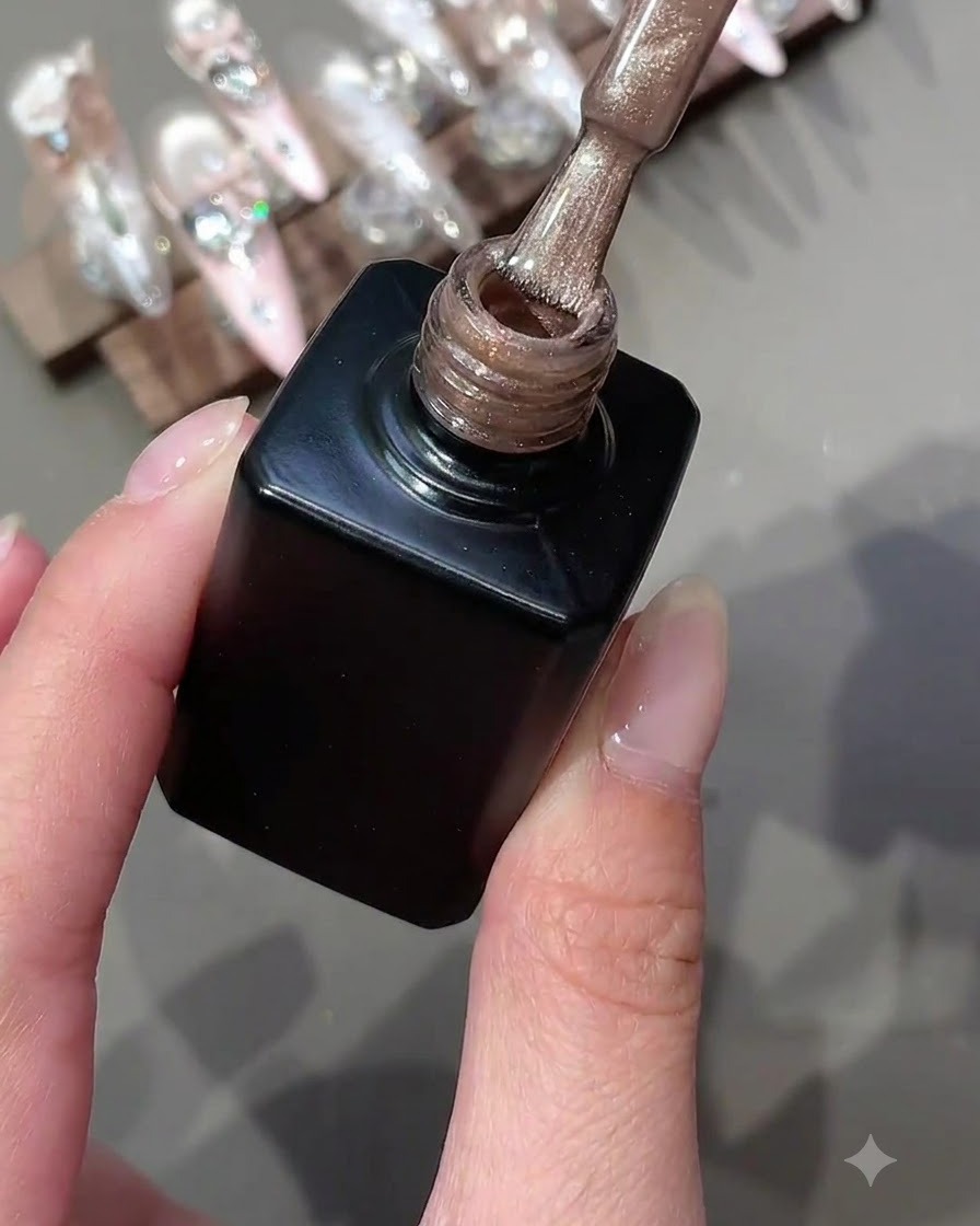 Ein Nagellackpinsel hält schimmerndes Cat-Eye-Gel über einer offenen schwarzen Flasche.