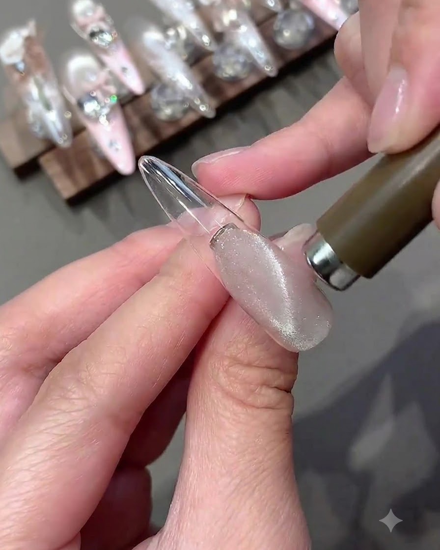 Eine Hand hält einen Magnetstab, der über einem schimmernden Cat-Eye-Gel-Nagel schwebt.