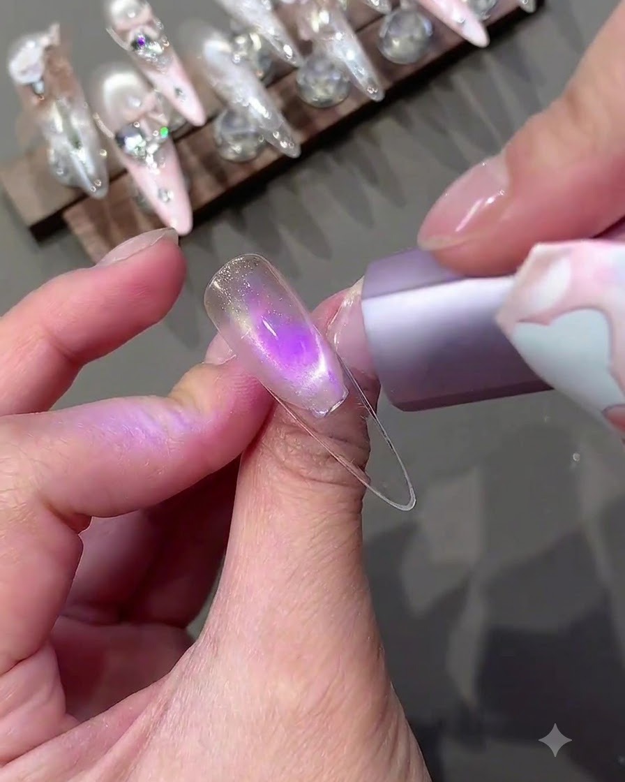 Ein Fingernagel wird während des Gel-Aushärtungsprozesses von einer lila UV-Lampe beleuchtet.
