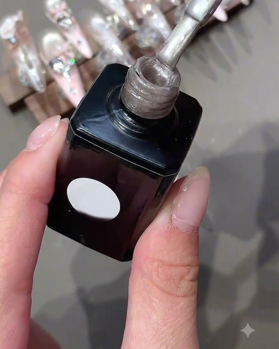 Eine aufrecht stehende Gel-Lack-Flasche zeigt den mit Schimmergel gefüllten Pinselapplikator.