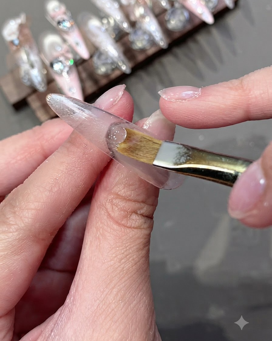 Ein weicher Make-up-ähnlicher Pinsel verwischt die Kante einer Gelschicht nahe der Nagelhaut.