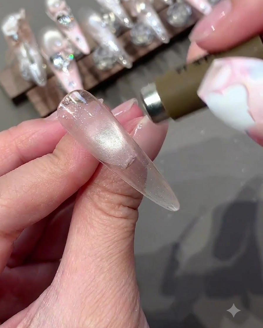 Ein Magnetwerkzeug ist nahe der Nagelspitze positioniert, um Cat-Eye-Glitterpartikel zu konzentrieren.