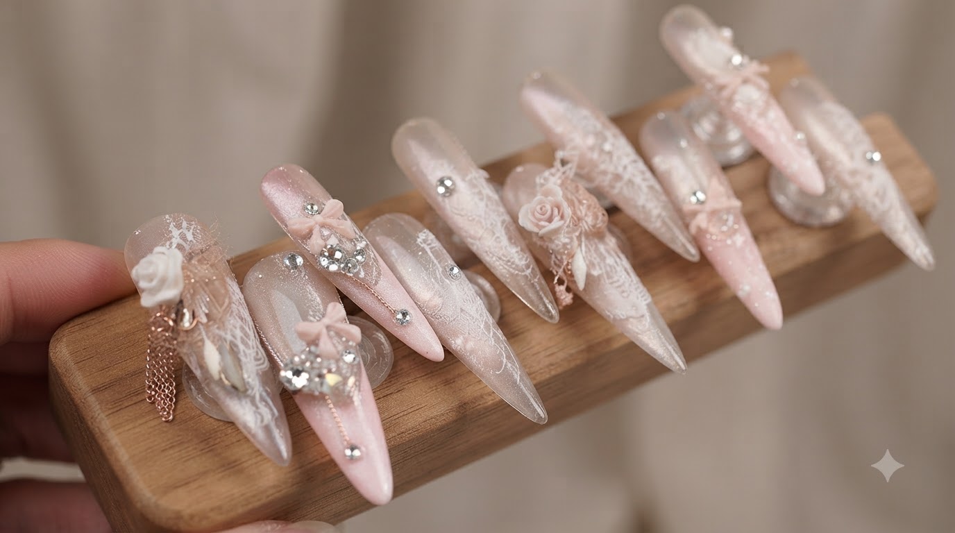 Rosa Anmutige Prinzessin Press-On Nägel — Schritt-für-Schritt Cat-Eye & Spitzen-Anleitung