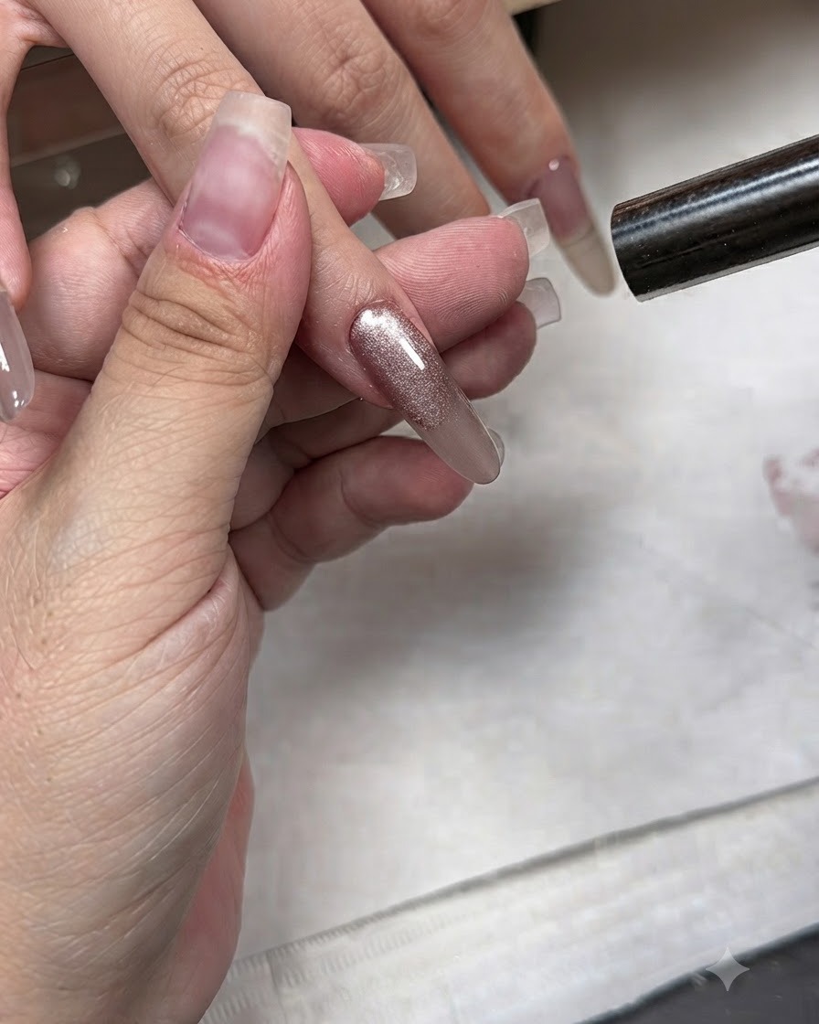 Ein Magnetstab schwebt über einem schimmernden Cat-Eye-Nagel, um den Lichteffekt herauszuarbeiten.