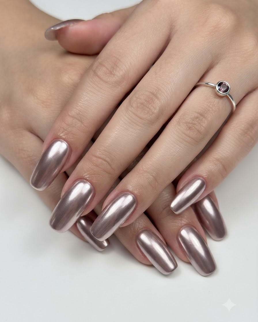 Beide Hände zeigen fertige, glänzende, metallisch verchromte Manikürenägel mit einem Ring an einem Finger.