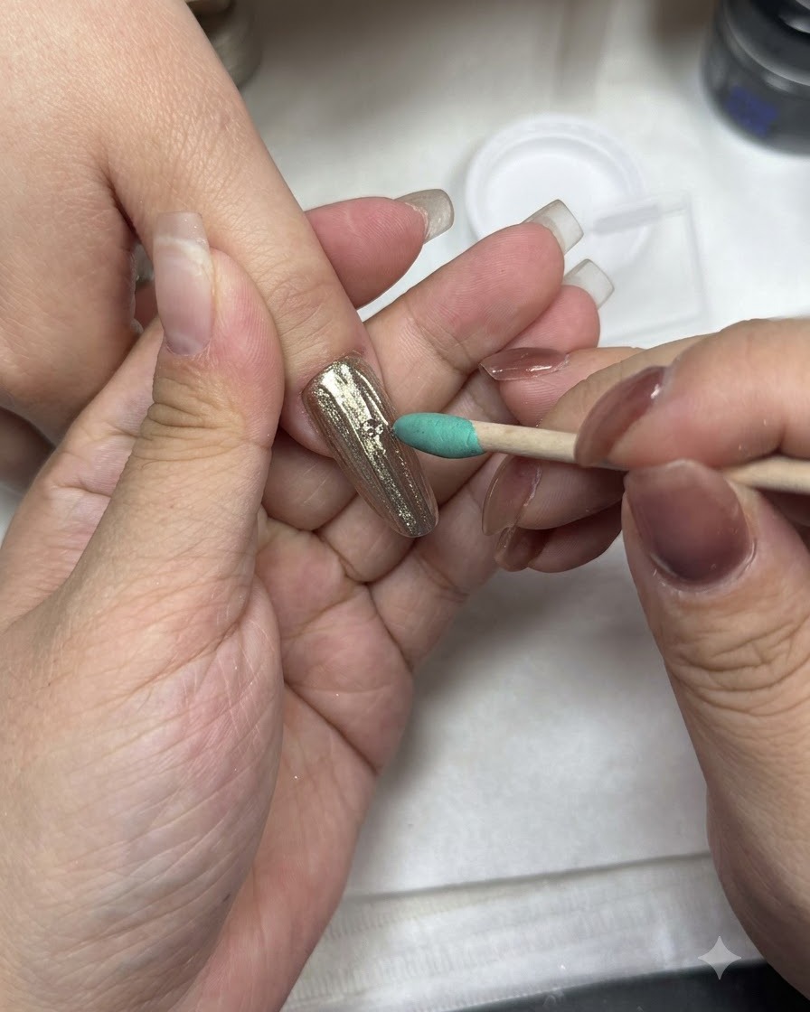 Ein Manikürepinsel trägt einen Top Coat auf eine chromveredelte Nageloberfläche auf.