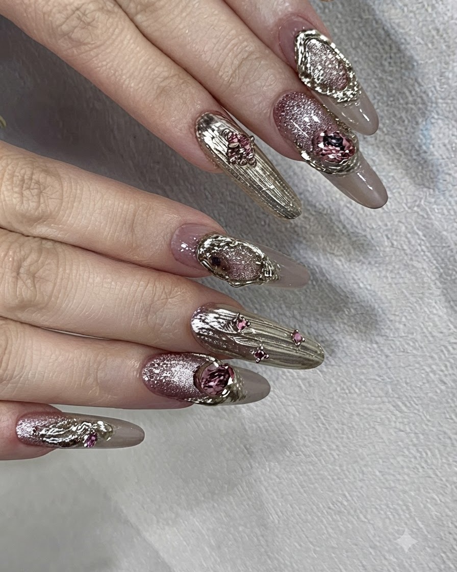 Eine Nahaufnahme eines Nagels, der zur Vorbereitung der Strasssteinplatzierung mit klarem Styling-Gel betupft wird.