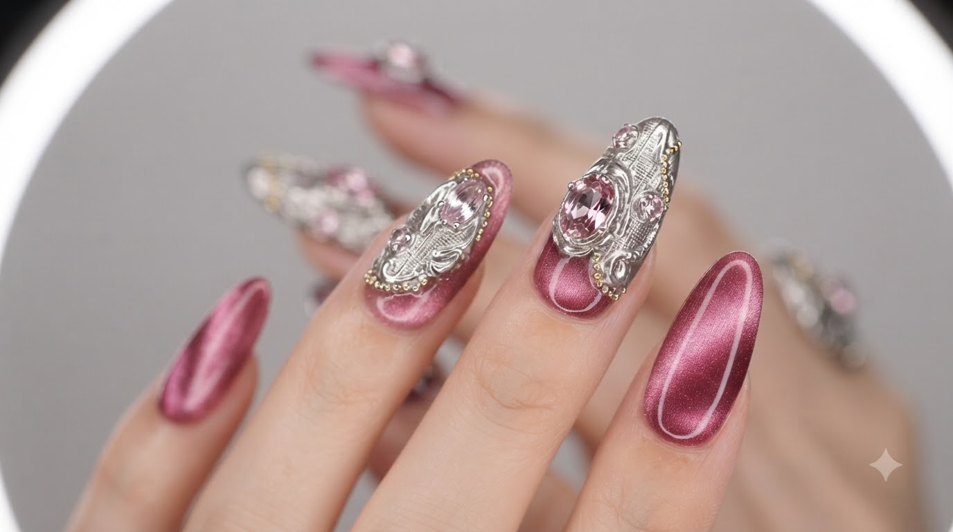 Rosa Cat-Eye und metallische Buccellati-Struktur Nageldesign Anleitung