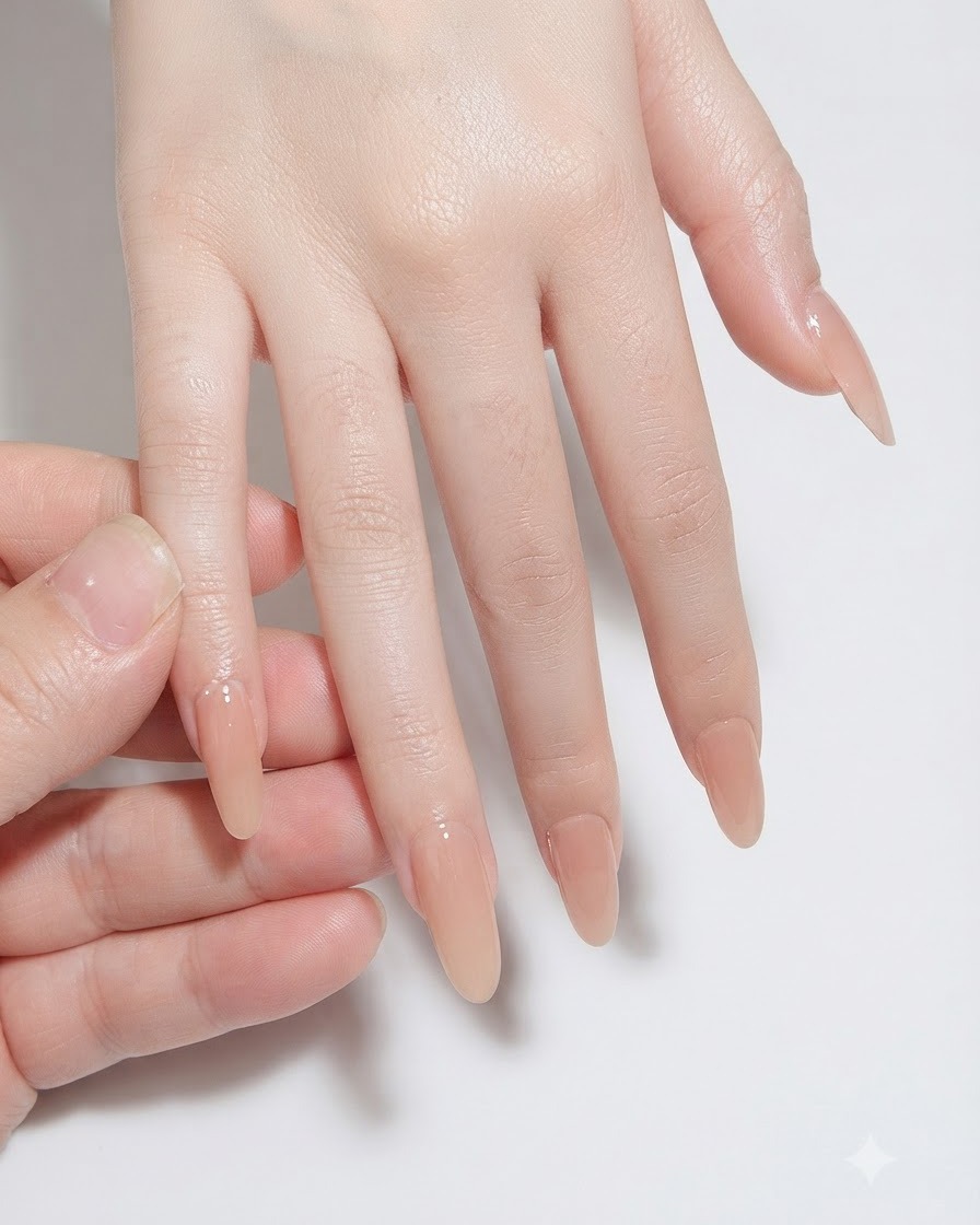 Eine Hand reinigt die Nagelplatte des Zeigefingers mit einer fusselfreien, mit Cleanser getränkten Zellette.