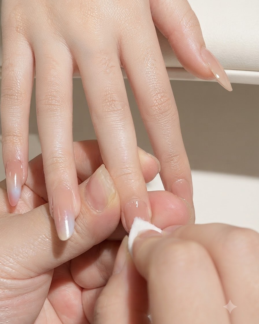 Eine Hand hält eine fusselfreie Zellette und reinigt die Oberfläche des natürlichen kleinen Fingernagels.